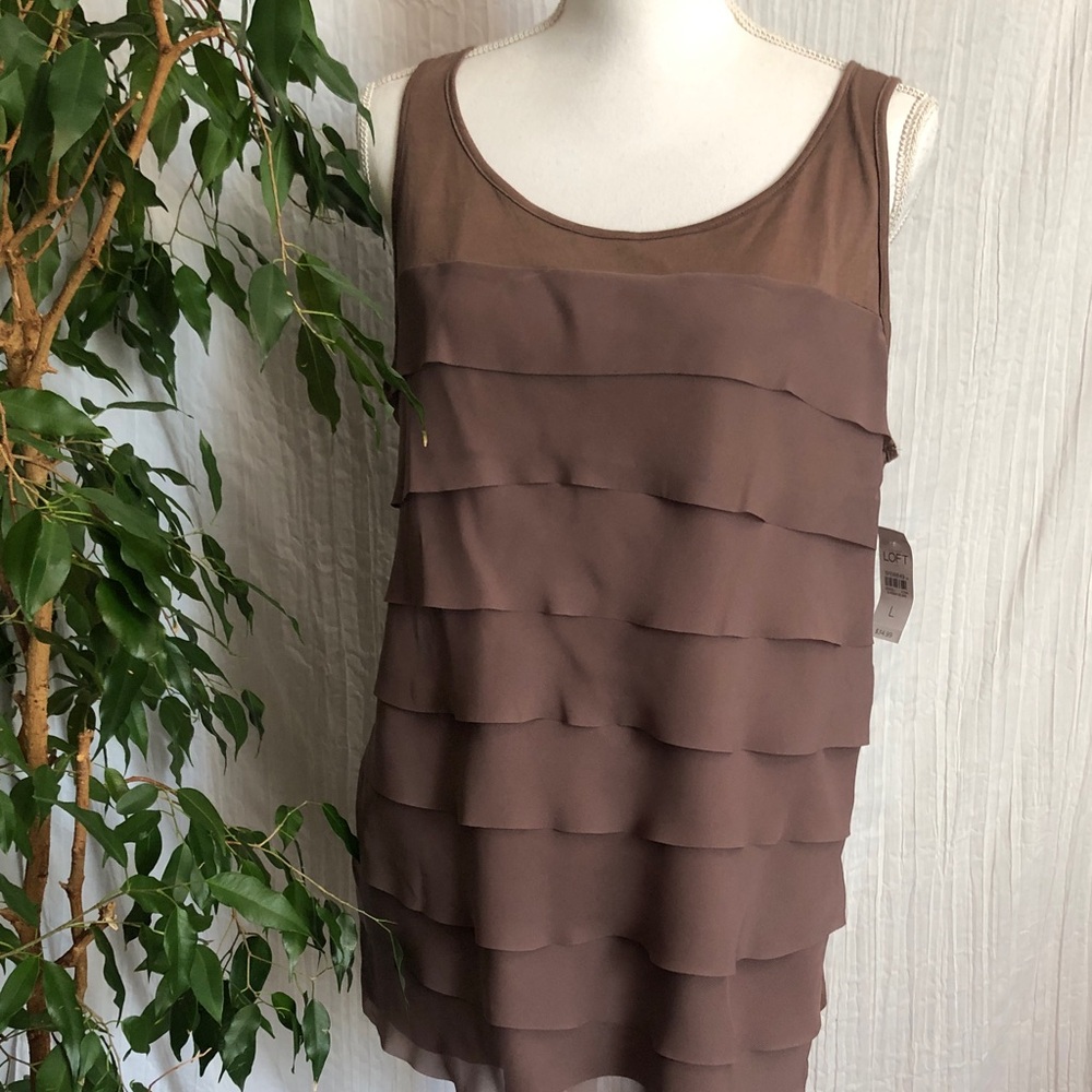 LOFT size L brown tiered layered sleeveless scoop neck billowy top cami NWT